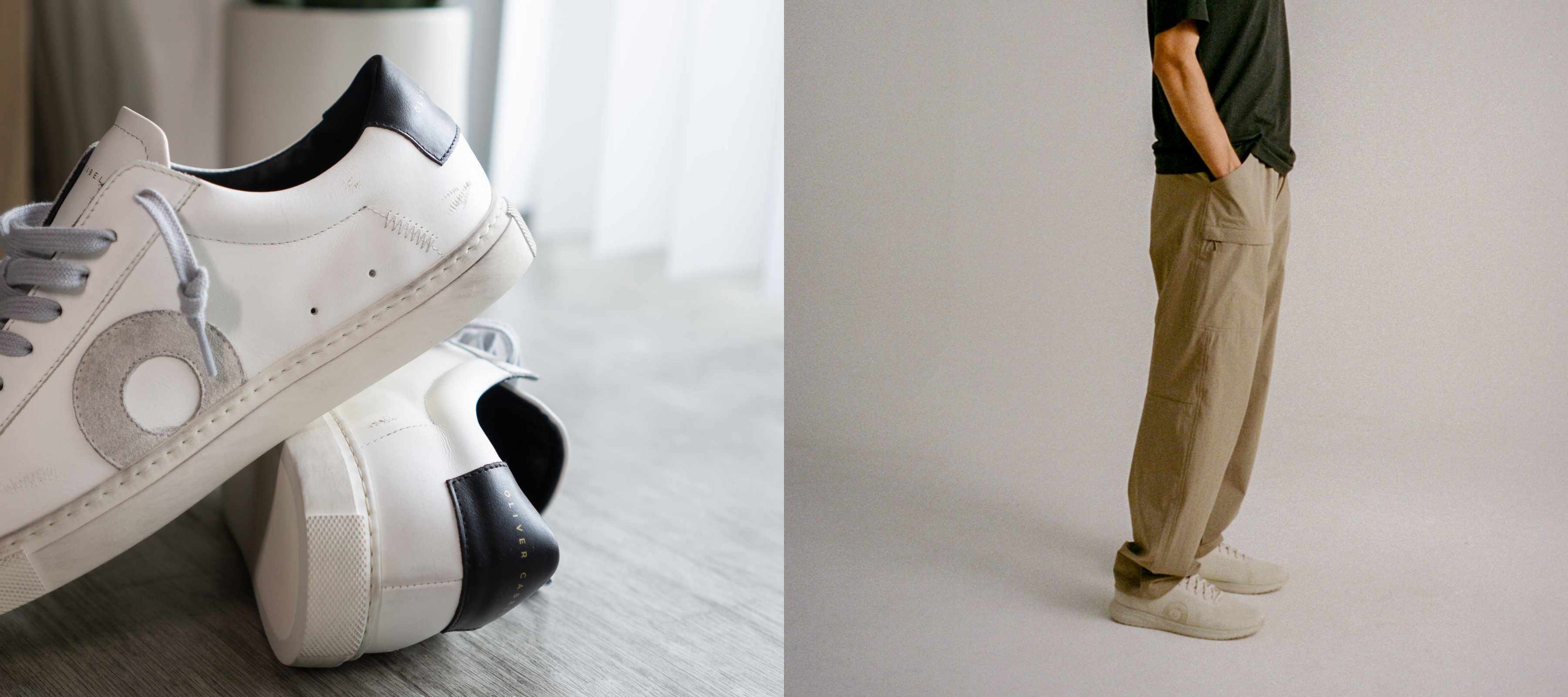 office sneakers close-up and person wearing them