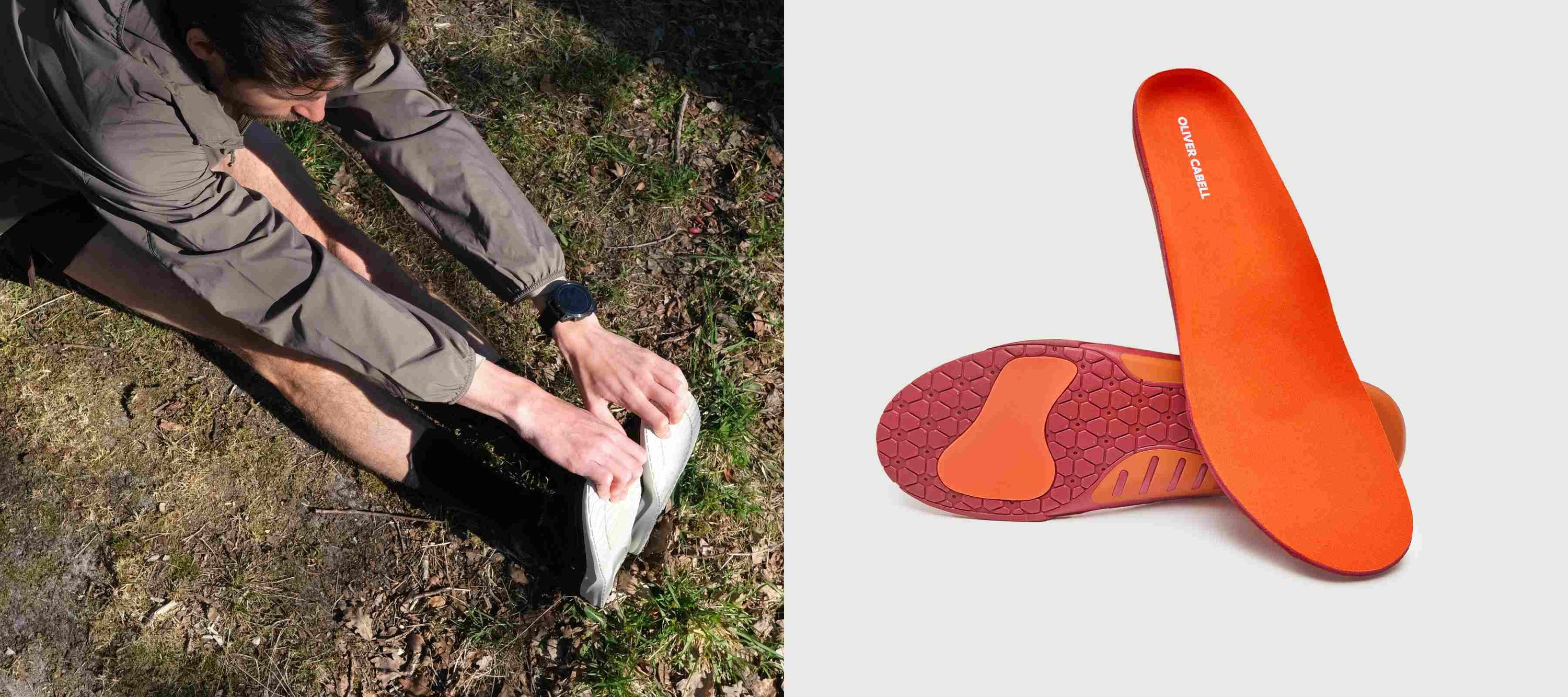 man stretching with insoles and shoes for heel pain