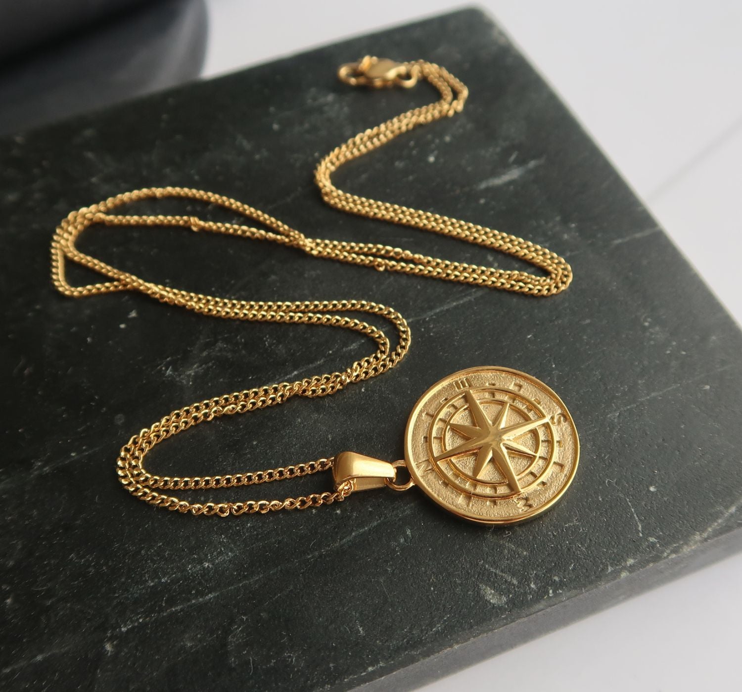14K Gold White Enamel Compass Necklace Charm